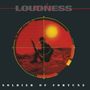 Text oben: "LOUDNESS". Text unten: "SOLDIER OF FORTUNE". Illustration: Soldat mit Gewehr im Visier, rote Sonne., CD