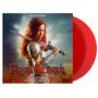 "Original Motion Picture Soundtrack: Red Sonja" steht oben. Eine rothaarige Frau mit Schwert und Rüstung ist dargestellt., 2 LPs