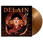 „DELAIN“ in großer Schrift auf einem Cover mit Illustrationen einer Frau mit Blumen und einem Vogel mit Mikrofon., LP