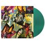 „Living Colour“ oben, „Time’s Up“ unten. Bunte, abstrakte Kunst mit dynamischen Figuren und grüner Vinyl-Schallplatte., LP