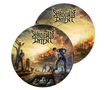 "Shadow of Intent", "Elegy, Side A". Illustration mit Arbeitern in düsterer Landschaft vor Fabriken bei Sonnenuntergang., 2 LPs