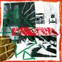 Abstrakte Collage mit grünen Dreiecken, schwarzem und rotem Hintergrund sowie grafischen Elementen und Kritzeleien., LP