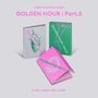 Text: "ATEEZ 14TH MINI ALBUM GOLDEN HOUR: Part.5". Drei Alben in verschiedenen Farben: Weiß, Grün, Pink. Verweise: A Ver., Diary Ver., Z Ver., 1 CD und 1 Buch