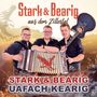 „Stark & Bearig aus dem Zillertal“ und „Uafach Kearig“. Drei Männer mit Instrumenten vor Bergkulisse.