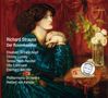 Texte: Richard Strauss, Der Rosenkavalier. Auflistung von Künstlern und Dirigent. Illustration: Frau in grünem Kleid, rote Vorhänge., 3 CDs