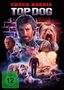 "CHUCK NORRIS TOP DOG" in großen Buchstaben. Illustration mit bewaffnetem Mann, Hund, Explosion und FSK 12 Symbol., DVD