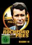 "The Rockford Files" in großen Buchstaben, Gesicht eines Mannes, gelber Sonnenuntergang mit Palmen im Hintergrund, FSK 12., 28 Blu-ray Discs