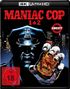 „MANIAC COP 1 & 2“, „UNCUT“, „FSK ab 18“. Illustration eines Polizisten mit Marke vor Skyline.