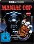 "Maniac Cop", "You Have The Right To Remain Silent... Forever." Polizeiwappen, FSK 16. Ein Polizist mit grimmigem Gesicht.