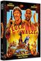 "FEUERWALZE", oben die Namen Chuck Norris, Lou Gosset. Illustration: Zwei Männer vor Flammen, Abenteuer-Action-Thema.