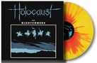 „Holocaust. The Nightcomers.“ Ein Albumcover zeigt Reiter-Silhouetten. Eine bunte Vinyl-Schallplatte liegt daneben.