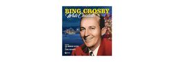"Bing Crosby White Christmas" in gelber und weißer Schrift, daneben ein lächelnder Mann vor einem winterlichen Hintergrund.