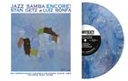 "JAZZ SAMBA ENCORE! STAN GETZ & LUIZ BONFÁ." Die abstrakte Kunst ist in Blau- und Brauntönen gehalten., LP