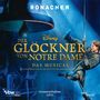 "RONACHER. Der Glöckner von Notre Dame. Das Musical. Ein Mann schwingt sich an einem Seil neben einer großen Glocke.", 2 CDs