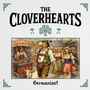 Text oben: "THE CLOVERHEARTS", unten: "Germania!". Illustration: Ein Mann trinkt Bier vor einem Wurststand, umgeben von Leuten., LP