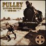 "PULLEY ESTEEM DRIVEN ENGINE" in großen Buchstaben. Im Hintergrund zieht ein Mann einen alten Zug an einem Kettenzug.