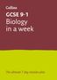 Text: "Collins GCSE 9-1 Biology in a week. The ultimate 7 day revision plan."  
Farben: Oben dunkelrot, unten limettengrün.