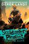 Oben steht: "Derek Landy". Darunter "Skulduggery Pleasant: Dead or Alive". Eine Person sitzt vor einer urbanen Kulisse., Buch