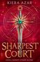 „Kiera Azar, Sharpest Court, Gods Cannot Stand Alone“ steht auf rotem Hintergrund mit goldenen geometrischen Mustern.