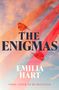Text: "THE ENIGMAS", "EMILIA HART", "FINAL COVER TO BE REVEALED". Illustration: Zwei Vögel, Himmel, rote Strahlen., Buch