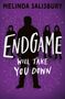 "Melinda Salisbury. Endgame will take you down." Silhouetten von Figuren auf lila Hintergrund., Buch