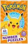 Text: "Pokémon", "Over 60 Number Games and Activities", "Number Puzzles", "100% Official". Illustration von Pikachu, orange Hintergrund., Buch