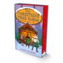 "The Christmas Tree Farm: The Magic Starts Here", Laurie Gilmore. Illustration: Paar, Hund vor weihnachtlicher Hütte im Schnee., Buch
