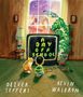 Text: "A DAY OFF SCHOOL." Ein Junge und eine Katze schauen TV, draußen Feuerwerk, Dinosaurier, UFO. Gemütliches Zimmer.