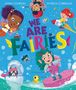 Illustration eines Buchcovers: "WE ARE FAIRIES". Fröhliche Feen mit bunten Flügeln und verspielten Details auf blauem Hintergrund., Buch