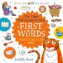 Der Titel ist "The Tiger Who Came to Tea: First Words". Illustration zeigt einen Tiger, ein Mädchen und Gegenstände wie Essen, Tee.