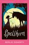 "Spellhorn" und "Berlie Doherty" stehen geschrieben. Eine Silhouette eines Mädchens berührt ein Einhorn vor einem großen Mond.