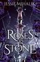 "Roses & Stone" von Jessie Mihalik. Ein Schwert umgeben von lila Rosen und Dornenranken in mystischem Licht., Buch