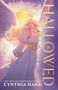 Der Text sagt "HALLOWED" und "CYNTHIA HAND". Illustration einer Frau mit blonden Haaren, Engelsflügeln und lila Kleid., Buch