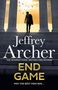 "Jeffrey Archer, End Game, May the best man win." Silhouette eines Mannes vor Säulen, Himmel voller Vögel im Hintergrund., Buch