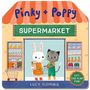 Aufschrift: "Pinky + Poppy", "SUPERMARKET". 
Ein Hase und eine Katze mit Einkaufskorb stehen davor.