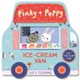 "Pinky + Poppy" auf rotem Schild, "ICE-CREAM VAN" darunter. Zwei Figuren, Katze und Hase, verkaufen Eis aus einem Wagen.