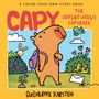 Titel: "CAPY: The Adventurous Capybara". Illustration: Capybara mit Rucksack, Vogel, Hase, Blumen, Brief in einer bunten Landschaft.