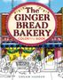 "The Gingerbread Bakery: Coloring Book, Dream Harbor." Illustration eines festlich dekorierten Bäckerei-Eingangs.