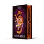 „The Fox Hunt“ von Caitlin Breeze. Ein oranges Fuchs-Design auf violettem Hintergrund. Seitenverzierungen mit Mondmotiv., Buch