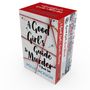 Buchset von "A Good Girl's Guide to Murder" von Holly Jackson. Vier Bücher mit rotem Faden und Stecknadeln., Buch