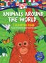 "Animals Around The World", ein Malbuch. Ein orangener Affe, Schmetterling und Vogel, grüner Hintergrund, Flaggen.