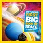 "Little Kids First Big Book of Space" in großen, bunten Buchstaben auf farbigem Hintergrund. Planeten und ein Asteroid im All., Buch