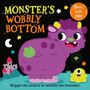 Text: "MONSTER'S WOBBLY BOTTOM", "Push, pull, play!", "Wiggle the sliders to wobble the bottoms!". Illustration: Lila Monster mit gelben Hörnern, Burg, Sterne.