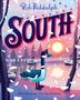 "Rob Biddulph. SOUTH. One little goose. One big adventure." Eine Gans steht an einem verschneiten Ufer bei Sonnenuntergang.