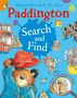 Titel: "Paddington Search and Find". Illustration von Paddington mit rotem Hut, britischen Soldaten und Londoner Doppeldeckerbus.