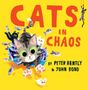 "Cats in Chaos" von Peter Bently & John Bond. Mehrere Katzen spielen mit Fischen auf gelbem Hintergrund.