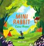 Text: "MINI RABBIT Come Home, John Bond." Illustration eines Walds mit kleinem schwarzen Kaninchen auf Baumstumpf.