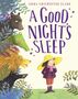 Buchtitel: "A Good Night's Sleep". Illustrativ, mit Kind in lila Kleidung, Hut, umgeben von Tieren hinter Blättern.