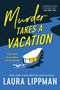 "Murder Takes a Vacation", gelbe Schrift über einem blauem Hintergrund mit einem hellen Boot auf einem dunklen Fluss., Buch
