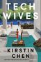 „TECH WIVES“ und „KIRSTIN CHEN“. Illustration: Menschen bei elegantem Event mit Blick auf einen Pool und grüne Landschaft.